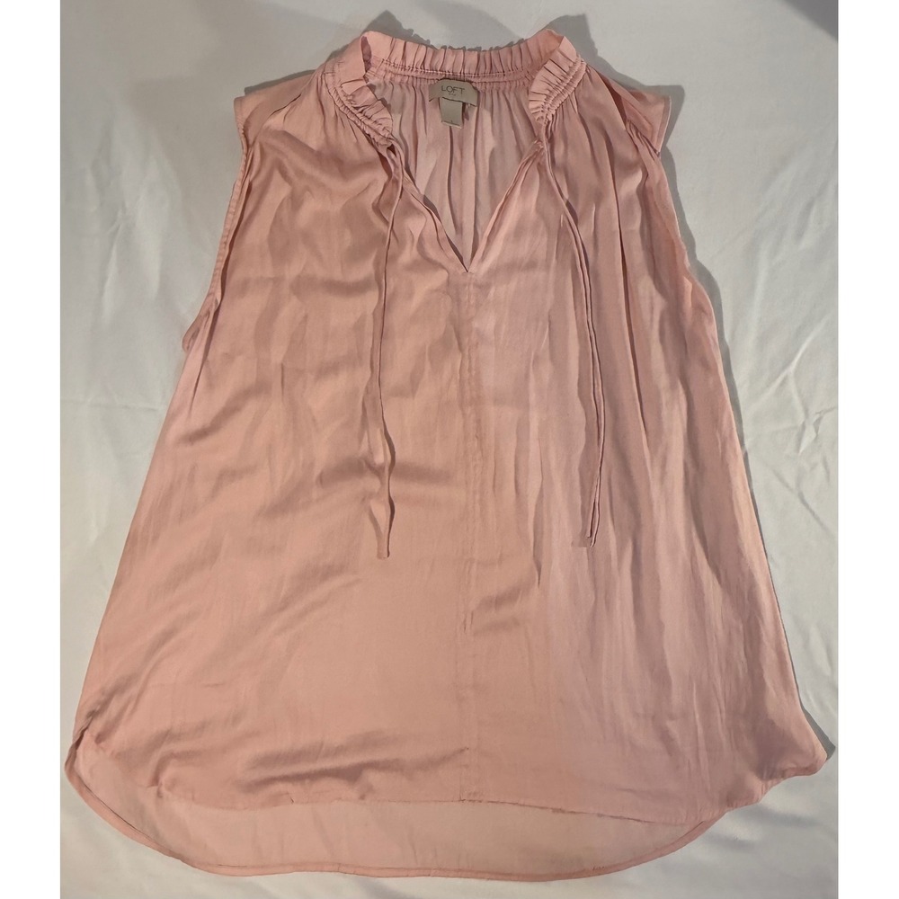 Loft Outlet Pink Sleeveless Ruffle Neck Tie Blouse Top Large High Low Hem